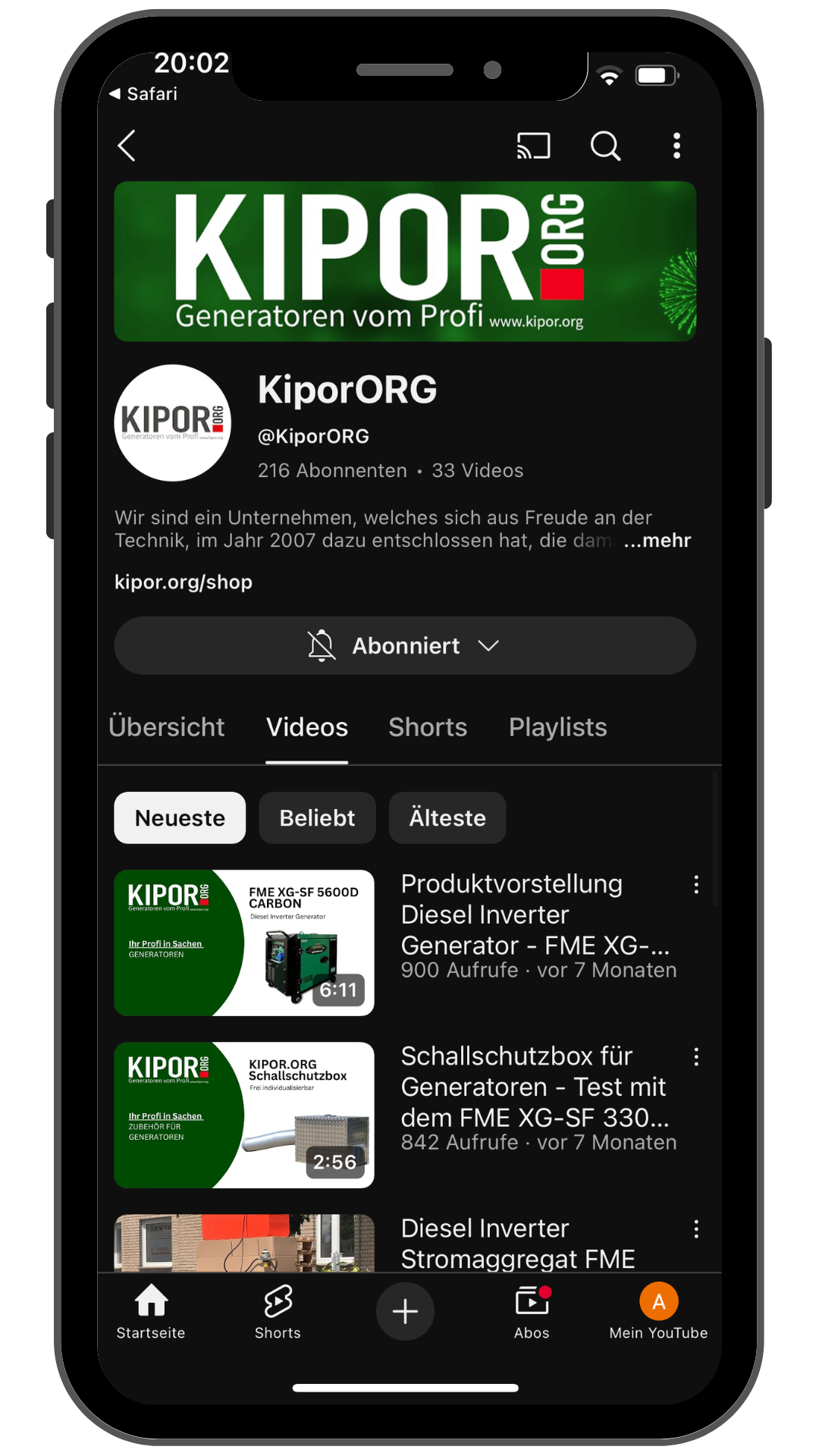 Der YouTube-Kanal KiporORG auf einem Smartphone