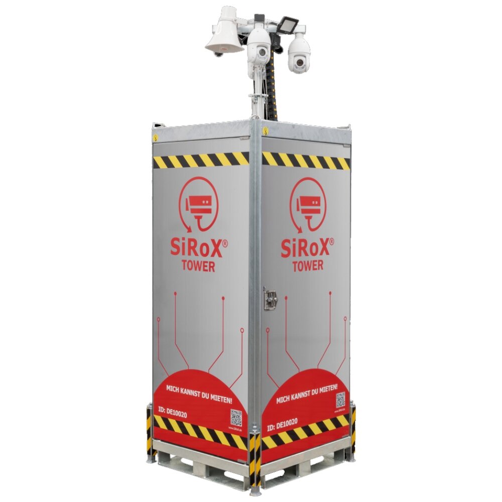 SiRoX Tower Basic, mobiler Videoüberwachungsturm, 230 V AC, inkl. 80 Std. Energiespeicher, KI-Kameratechnik JÄGER SIROX