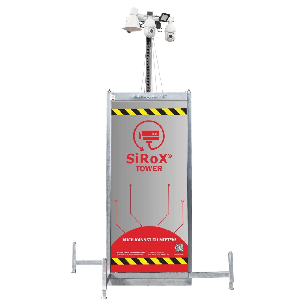 SiRoX Tower Basic, mobiler Videoüberwachungsturm, 230 V AC, inkl. 80 Std. Energiespeicher, KI-Kameratechnik JÄGER SIROX